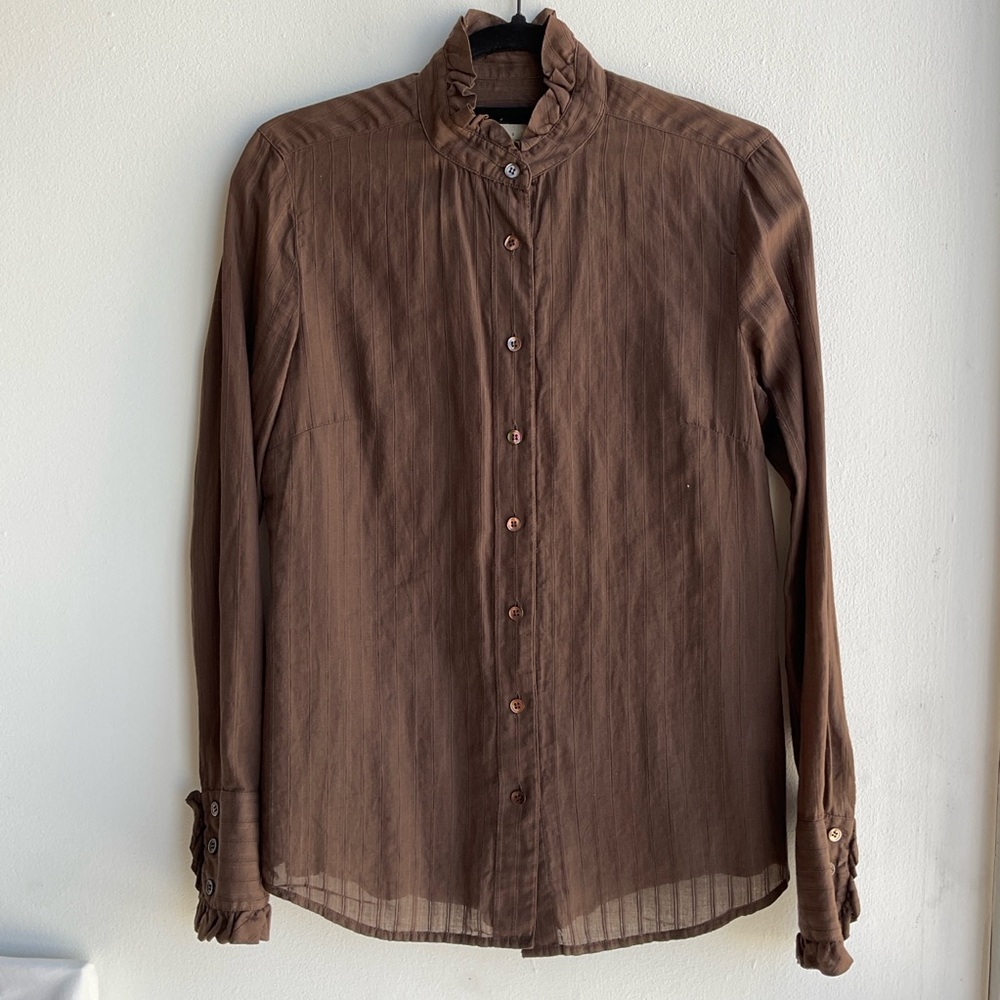 J. Crew Brown Ruffle Silver Thread Button Down Bl… - image 3